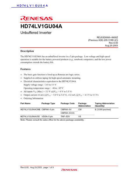 HD74LV1GU04A數(shù)據(jù)手冊封面