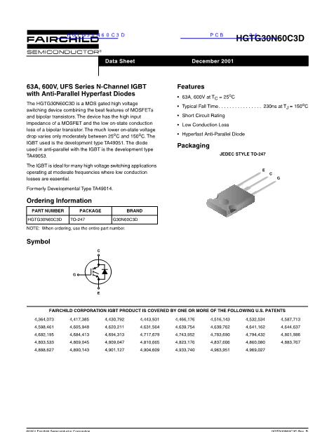 HGTG30N60C3D数据手册封面