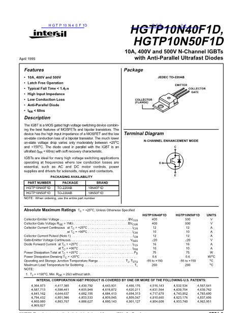 HGTP10N40F1D數(shù)據(jù)手冊(cè)封面
