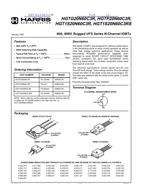 HGT1S20N60C3R数据手册封面
