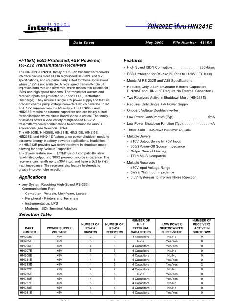 HIN202E數(shù)據(jù)手冊(cè)封面