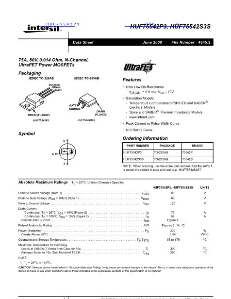 HUF75542P3數(shù)據(jù)手冊(cè)封面