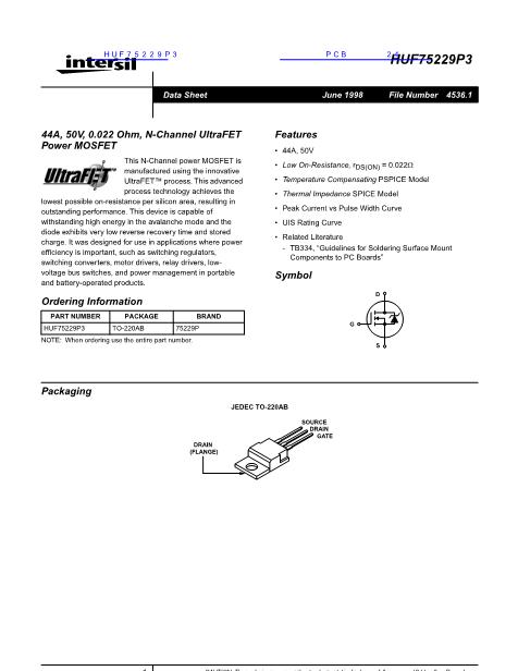HUF75229P3數(shù)據(jù)手冊封面