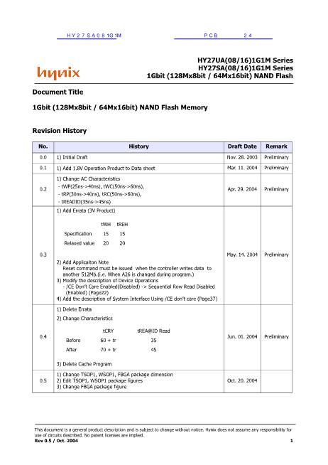 HY27SA081G1M數(shù)據(jù)手冊封面