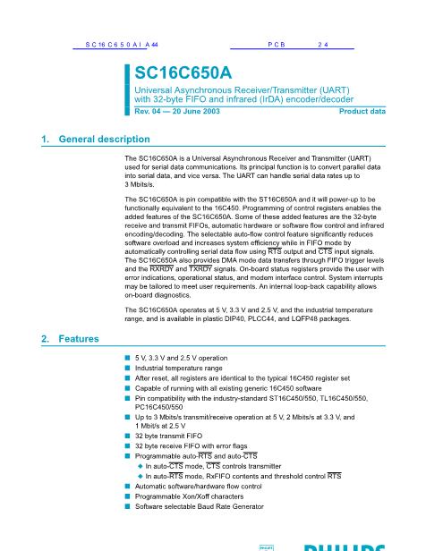 SC16C650AIA44数据手册封面