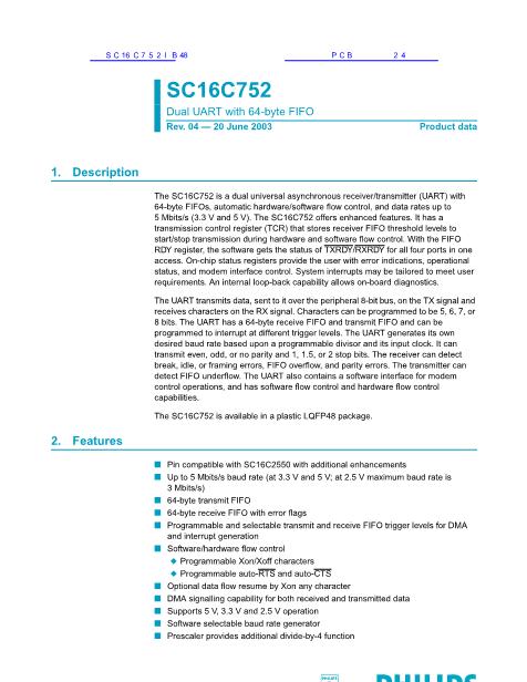 SC16C752IB48数据手册封面