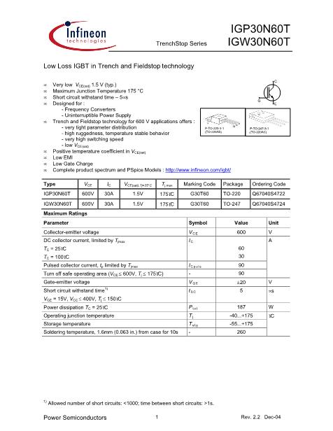 IGP30N60T數(shù)據(jù)手冊封面