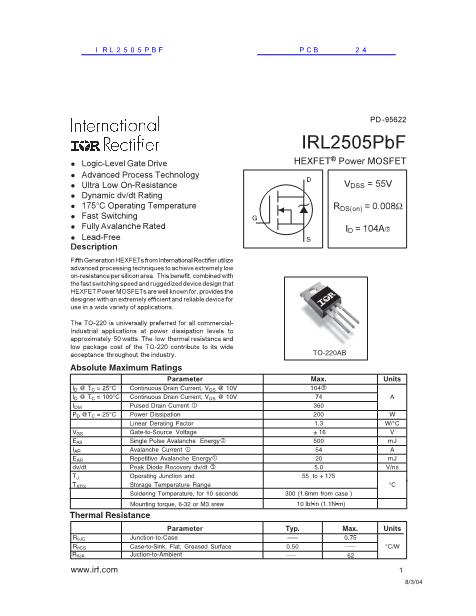 IRL2505PBF数据手册封面