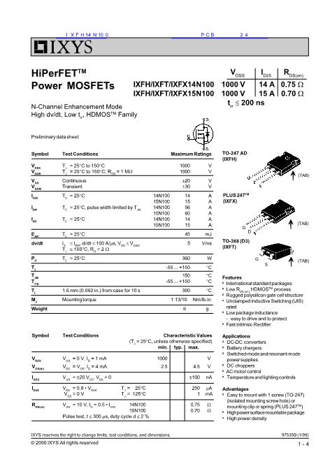 IXFH14N100數(shù)據(jù)手冊封面