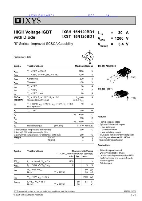 IXSH15N120BD1數(shù)據(jù)手冊(cè)封面