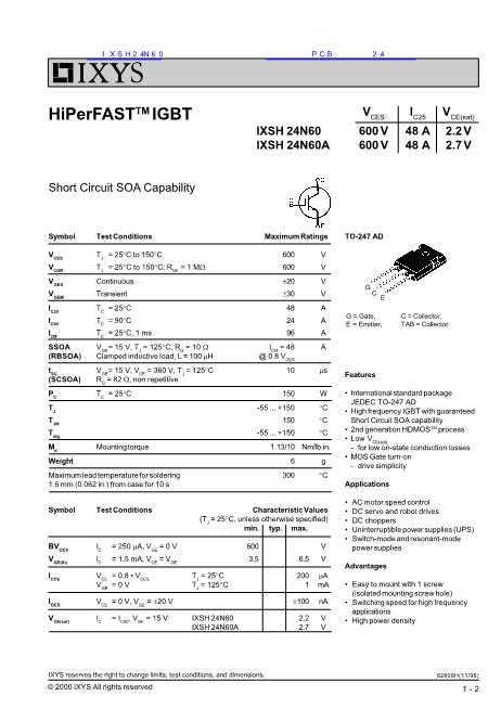 IXSH24N60數(shù)據(jù)手冊封面