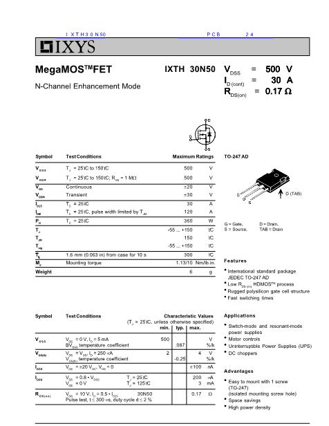IXTH30N50數(shù)據(jù)手冊封面