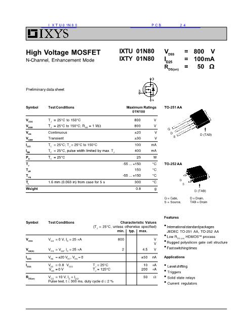 IXTU01N80數(shù)據(jù)手冊封面
