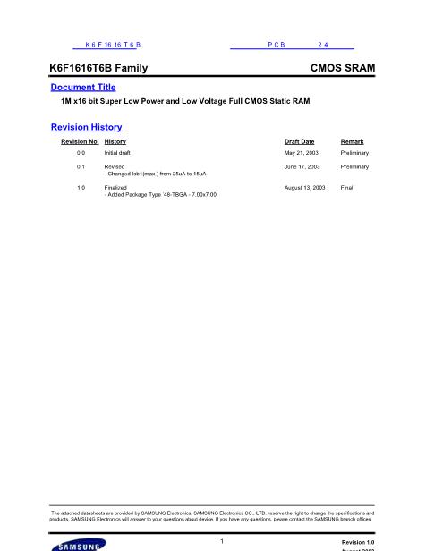 K6F1616T6B數(shù)據(jù)手冊(cè)封面