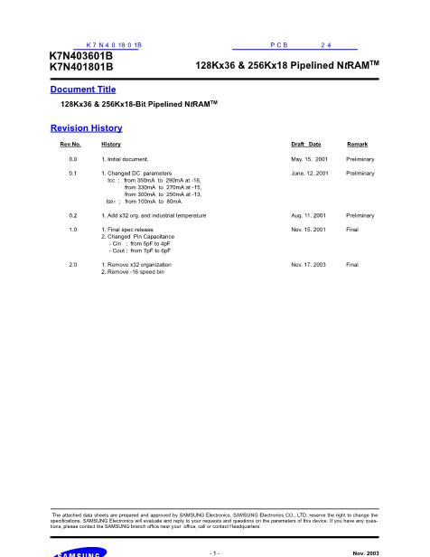 K7N401801B數(shù)據(jù)手冊封面