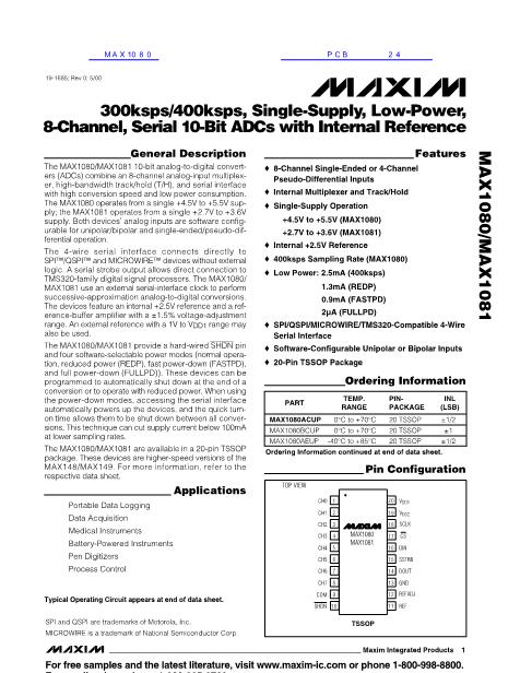 MAX1080數(shù)據(jù)手冊封面