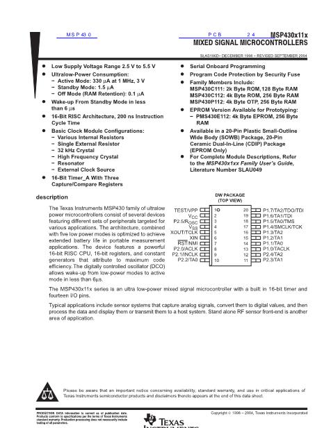MSP430数据手册封面