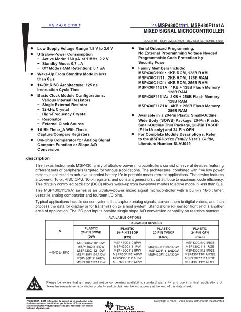 MSP430C1101數據手冊封面