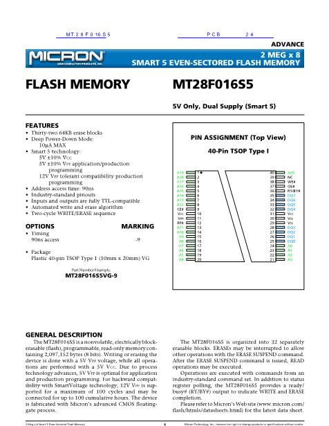 MT28F016S5數(shù)據(jù)手冊封面