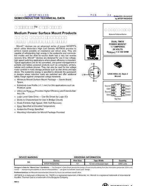 MTDF1N02HD数据手册封面