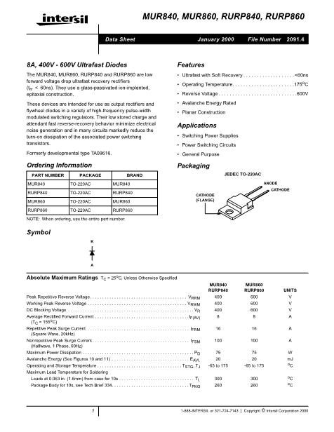MUR860數(shù)據(jù)手冊(cè)封面