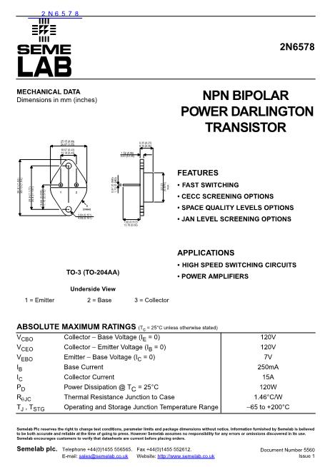 2N6578數(shù)據(jù)手冊封面
