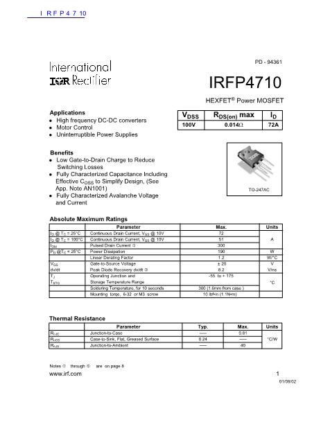 IRFP4710数据手册封面