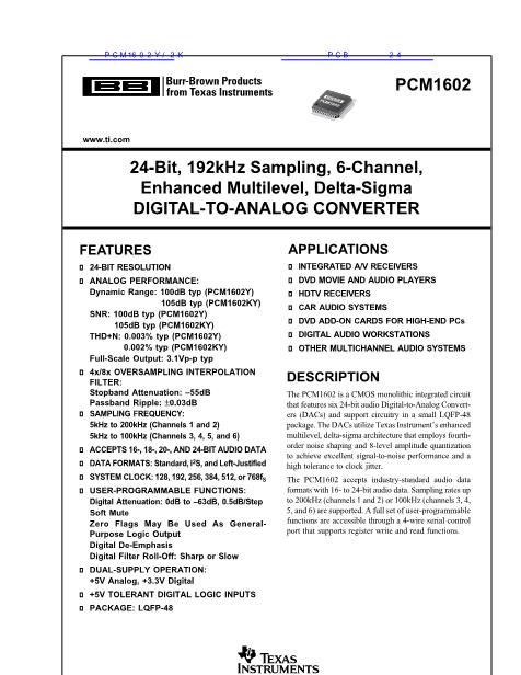 PCM1602数据手册封面