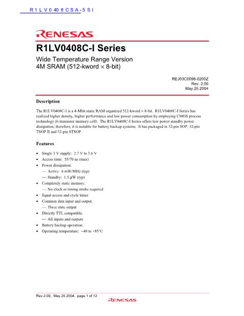 R1LV0408CSA-5SI数据手册封面