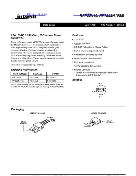 RF1S22N10SM數(shù)據(jù)手冊封面