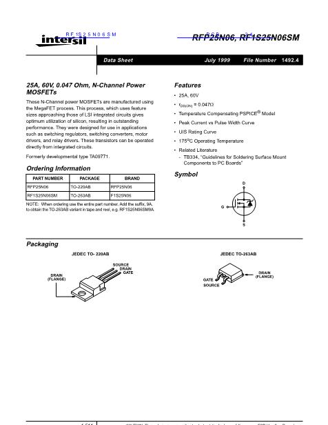 RF1S25N06SM數(shù)據(jù)手冊(cè)封面