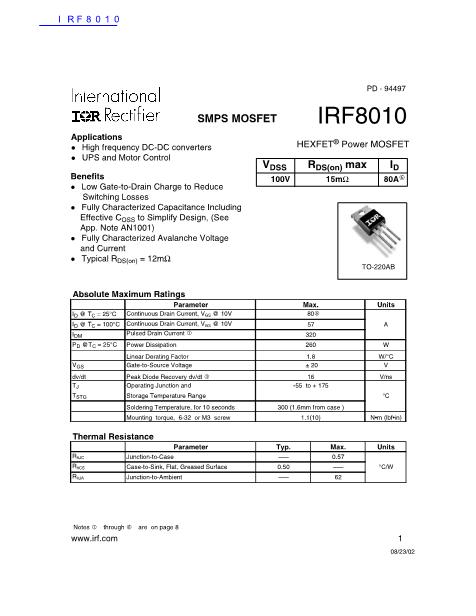 IRF8010数据手册封面