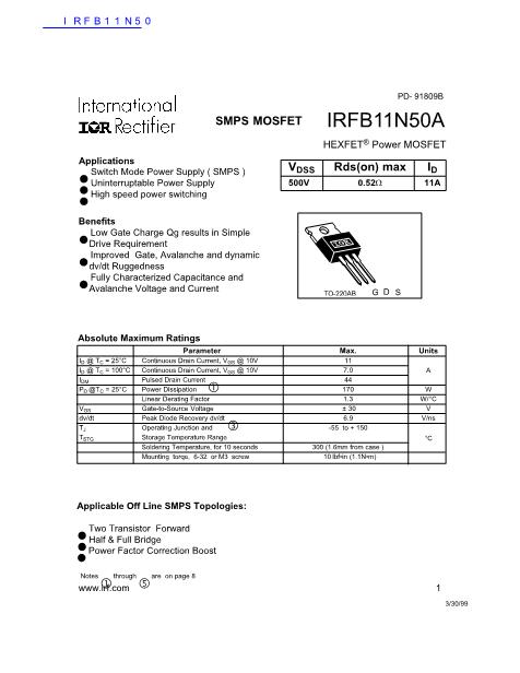 IRFB11N50数据手册封面