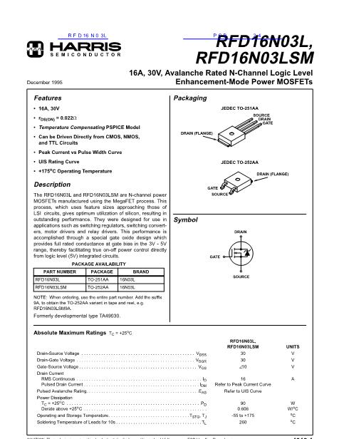 RFD16N03L数据手册封面