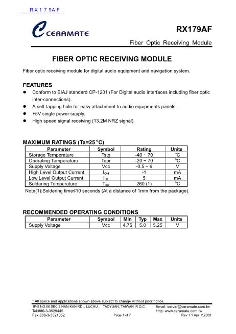 RX179AF數(shù)據(jù)手冊封面