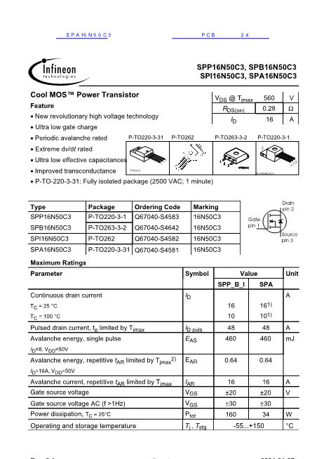 SPA16N50C3數(shù)據(jù)手冊封面