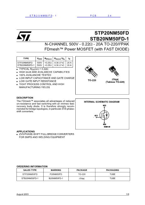 STB20NM50FD-1数据手册封面