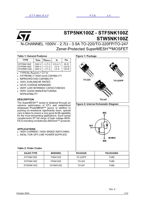 STF5NK100Z数据手册封面