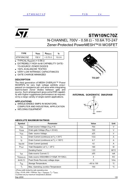 STW10NC70Z数据手册封面