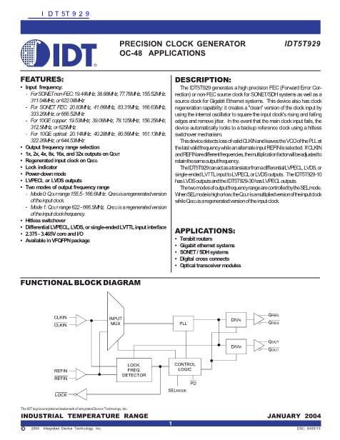 IDT5T929數(shù)據(jù)手冊(cè)封面