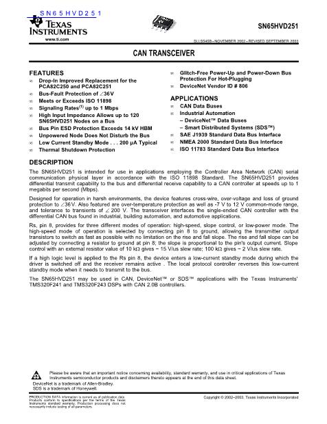 SN65HVD251數(shù)據(jù)手冊封面