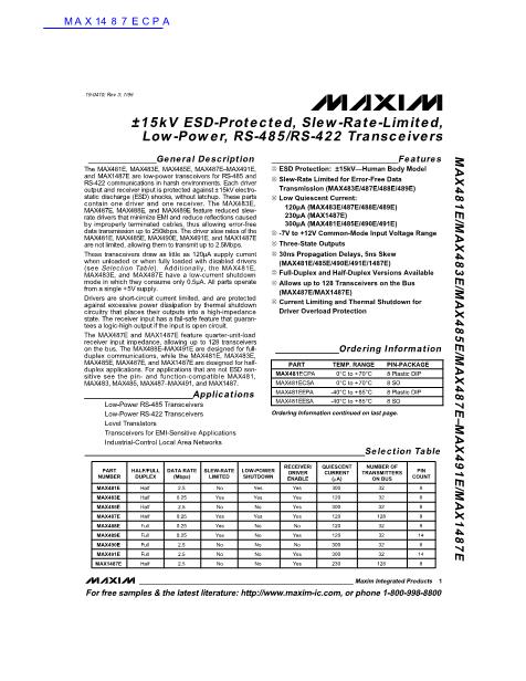 MAX1487ECPA数据手册封面