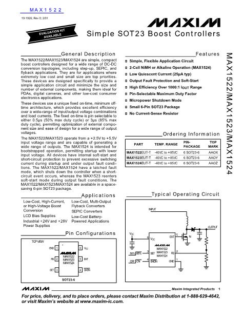 MAX1522數(shù)據(jù)手冊(cè)封面