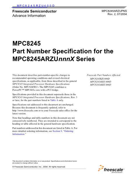 MPC8245RZU400D数据手册封面