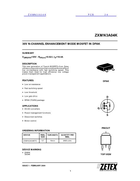 ZXMN3A04K数据手册封面