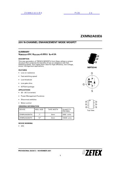 ZXMN2A03E6数据手册封面