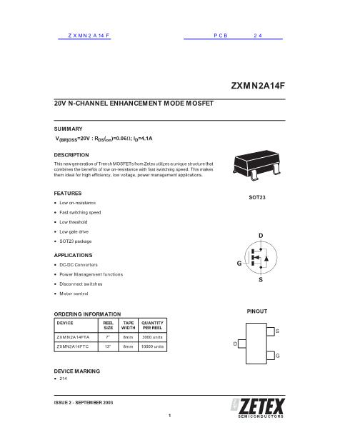 ZXMN2A14F数据手册封面
