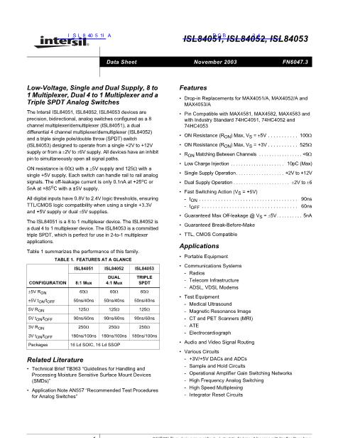 ISL84051IA数据手册封面