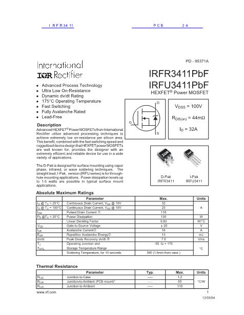 IRFR3411數(shù)據(jù)手冊(cè)封面