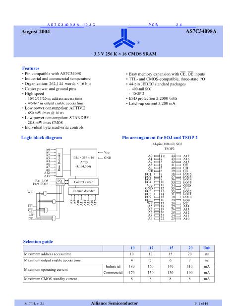 AS7C34098A-10JC數(shù)據(jù)手冊封面